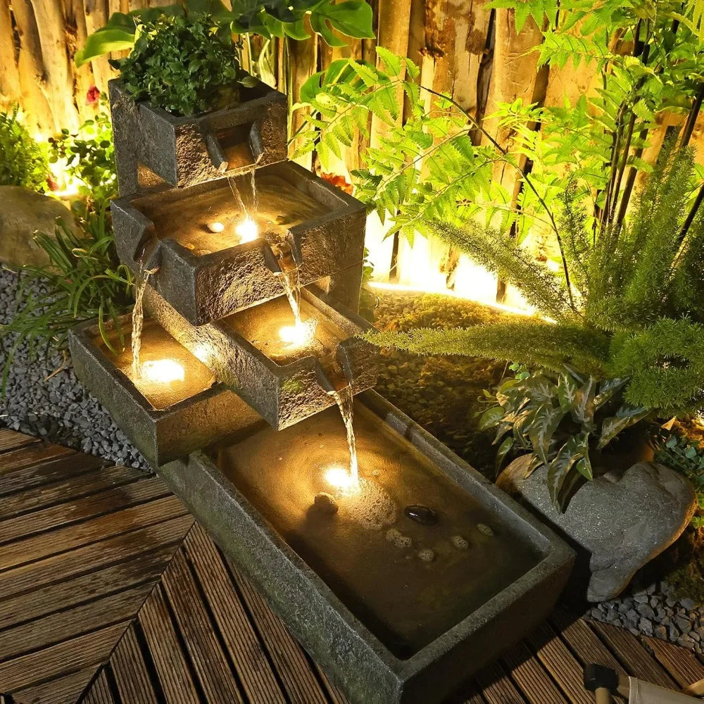 Tiered Water Fountain Outdoor Garden - Waterfall Indoor Freestanding Cascade Fountain Concrete Artistry Modern Style with LED Li
