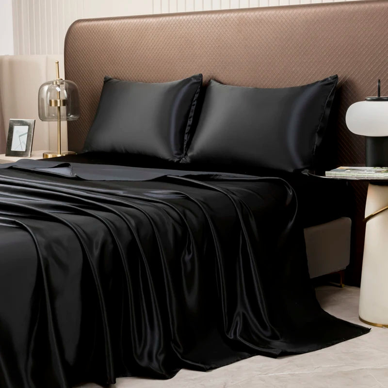 Opulent Solid Color Satin Bedding Set,Includes Flat Sheet, Fitted Sheet, Pillowcases,Luxury Linens for a Royal Sleep Experience