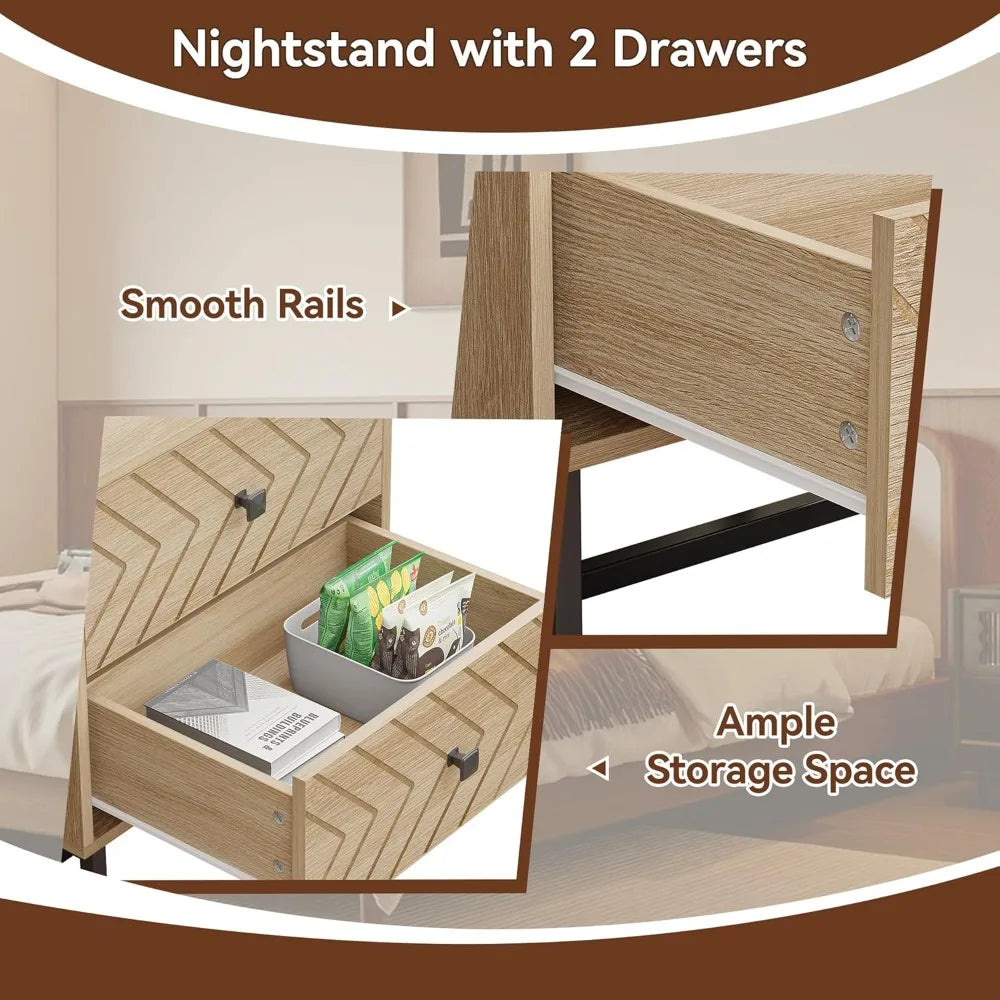Modern Nightstand with 2 Drawers, Wood Night Stand with Metal Legs, Boho Bedside Table, Accent End Table for Bedroom