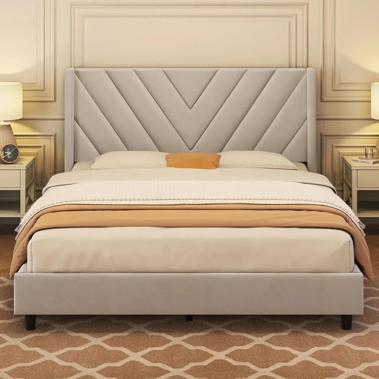 Upholstered Platform Bed Frame – Tufted Wingback Headboard with Wooden Slat Support