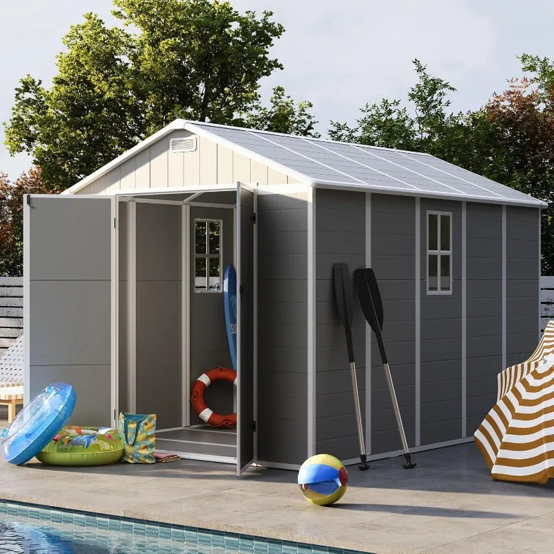 Storage Shed 8 x 10 FT, Resin Outdoor Garden Sheds with Floor Plastic Patio Outdoor Storage with Lockable Door for Tool, Bike