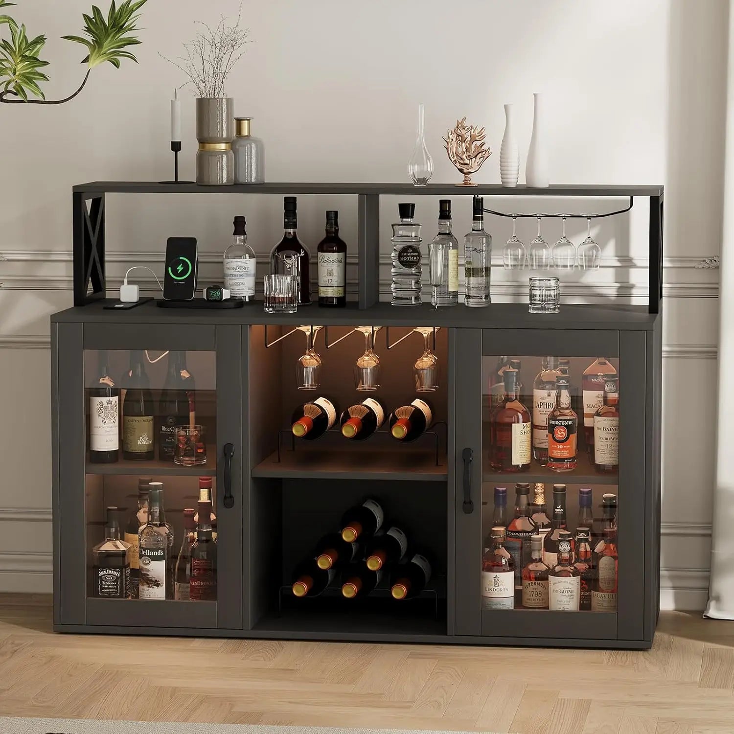 Wine Bar Cabinet with LED Light – Tempered Glass Doors & Power Outlet