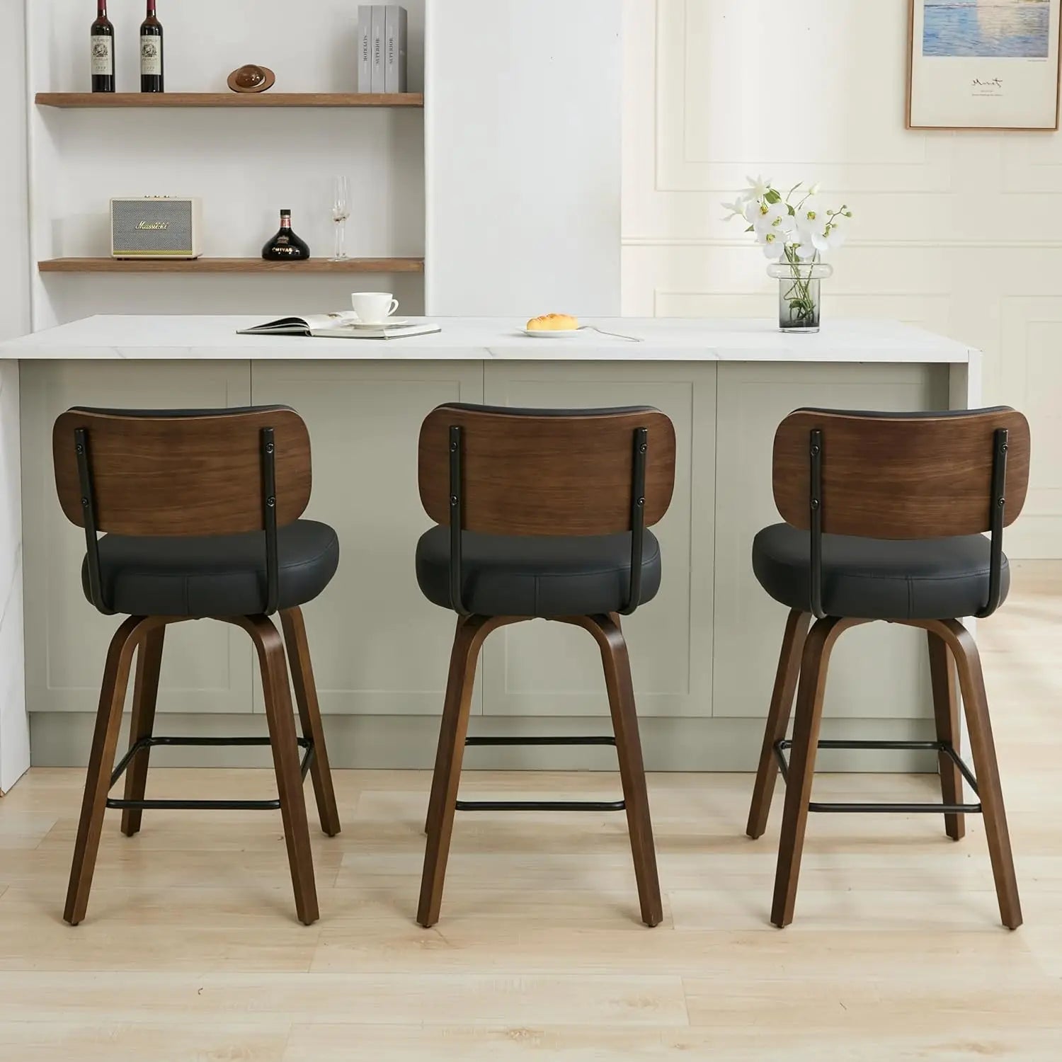 Swivel Counter-Height Bar Stools with Back – Faux Leather, Walnut Legs (Black)