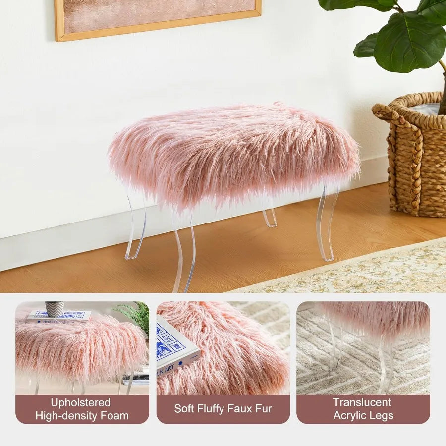 Pink Faux Fur Ottoman Bench – Modern Footrest with Acrylic Legs