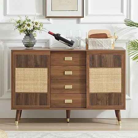 Sideboard Buffet Cabinet with Storage, 47" Rattan Kitchen Storage Cabinet with 2 Slide Doors and 4 Drawers, Accent Cabinets with