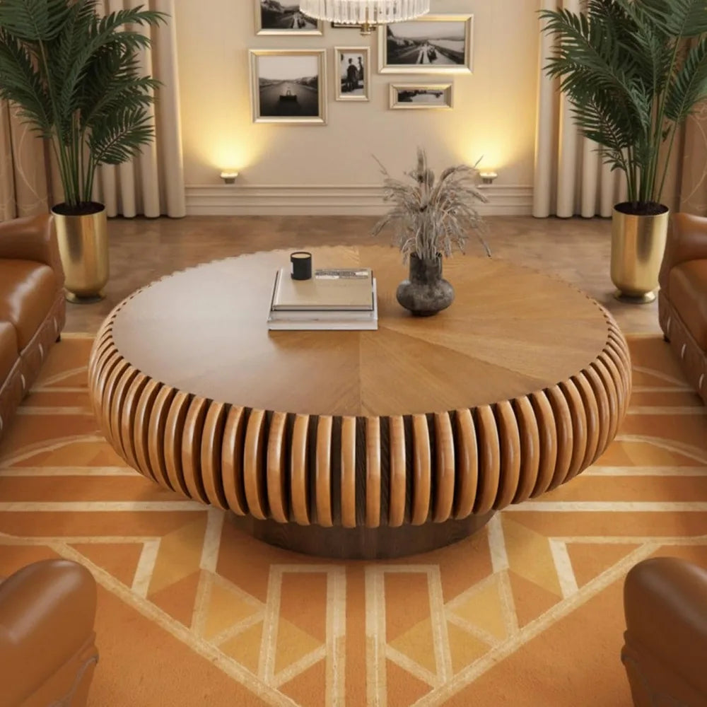 Fluted Drum Coffee Table – Round Mid-Century Modern Pedestal Center Table