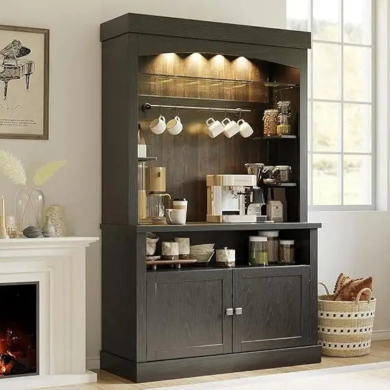72″ Tall Farmhouse Coffee Bar Cabinet – LED Buffet Sideboard with Storage