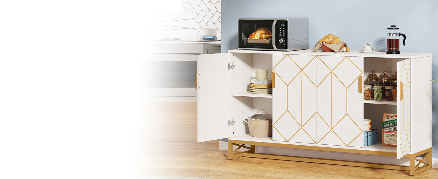 Tribesigns 59" White Gold Buffet Cabinet with Storage Kitchen Sideboard Storage Cabinet