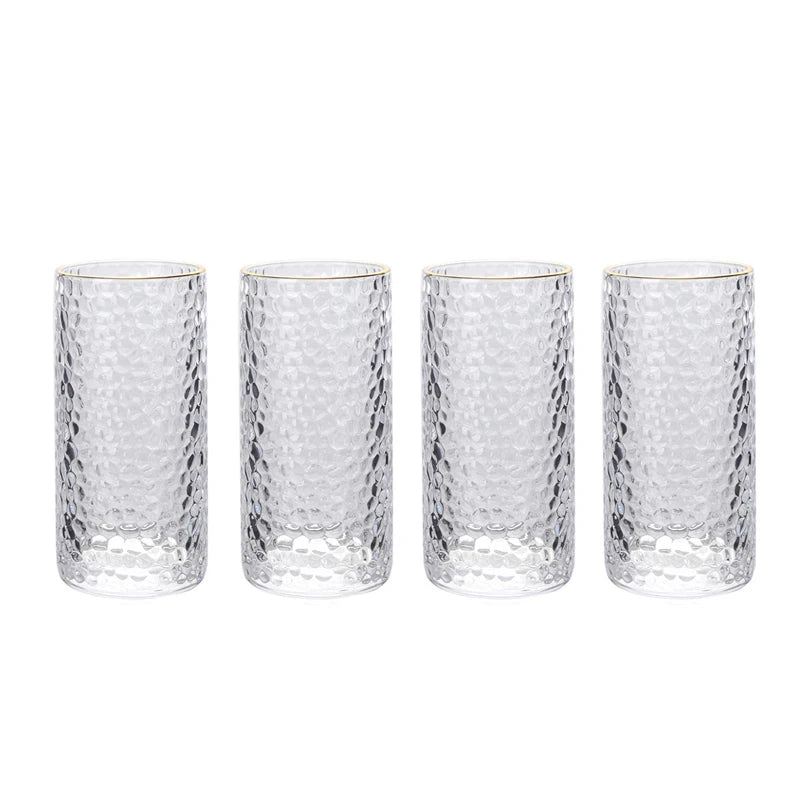 4pcs Set 11oz 320ml Gold Edged Water Cup Relief Wine Glass Household Heat-resistant Tea Cup Juice Milk Soda Water Beverage Mugs
