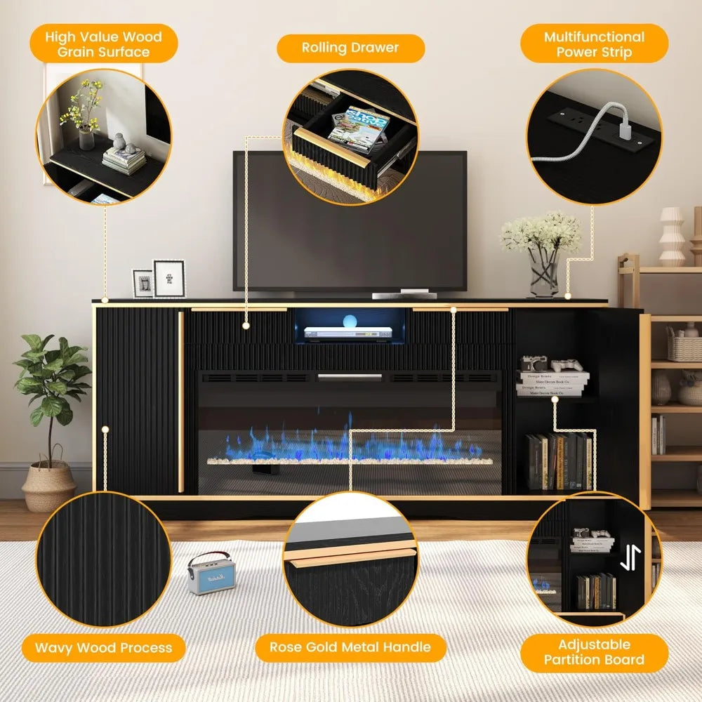 42" Electric Fireplace TV Console Stand for up to 80" TVs with Crystal Stone Colorful LED Lights Entertainment Center