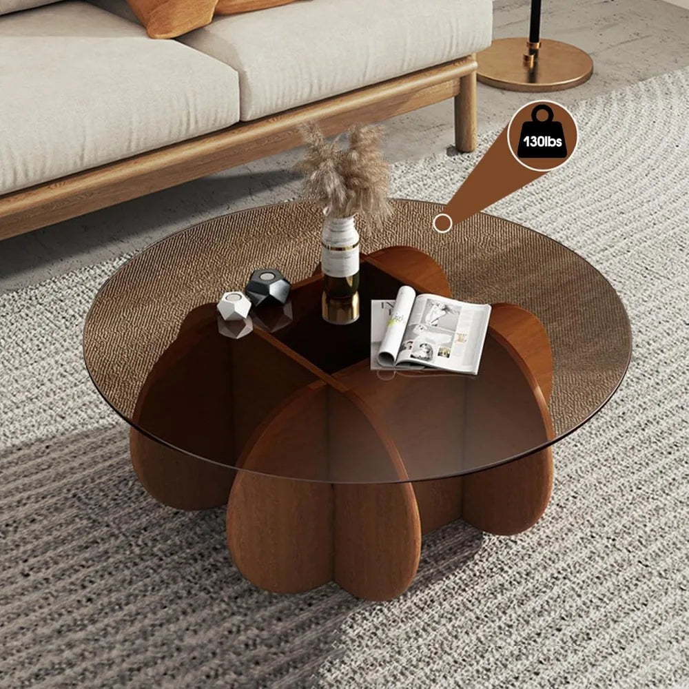 Modern Round Coffee Table with Solid Wood Legs, 31.5'' Glass Coffee Tables for Living Room Rustic Circle Center Cocktail Table
