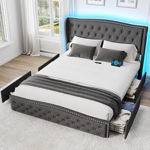 Queen Size LED Upholstered Bed Frame with Storage Drawers & Charging Station – Wingback Headboard