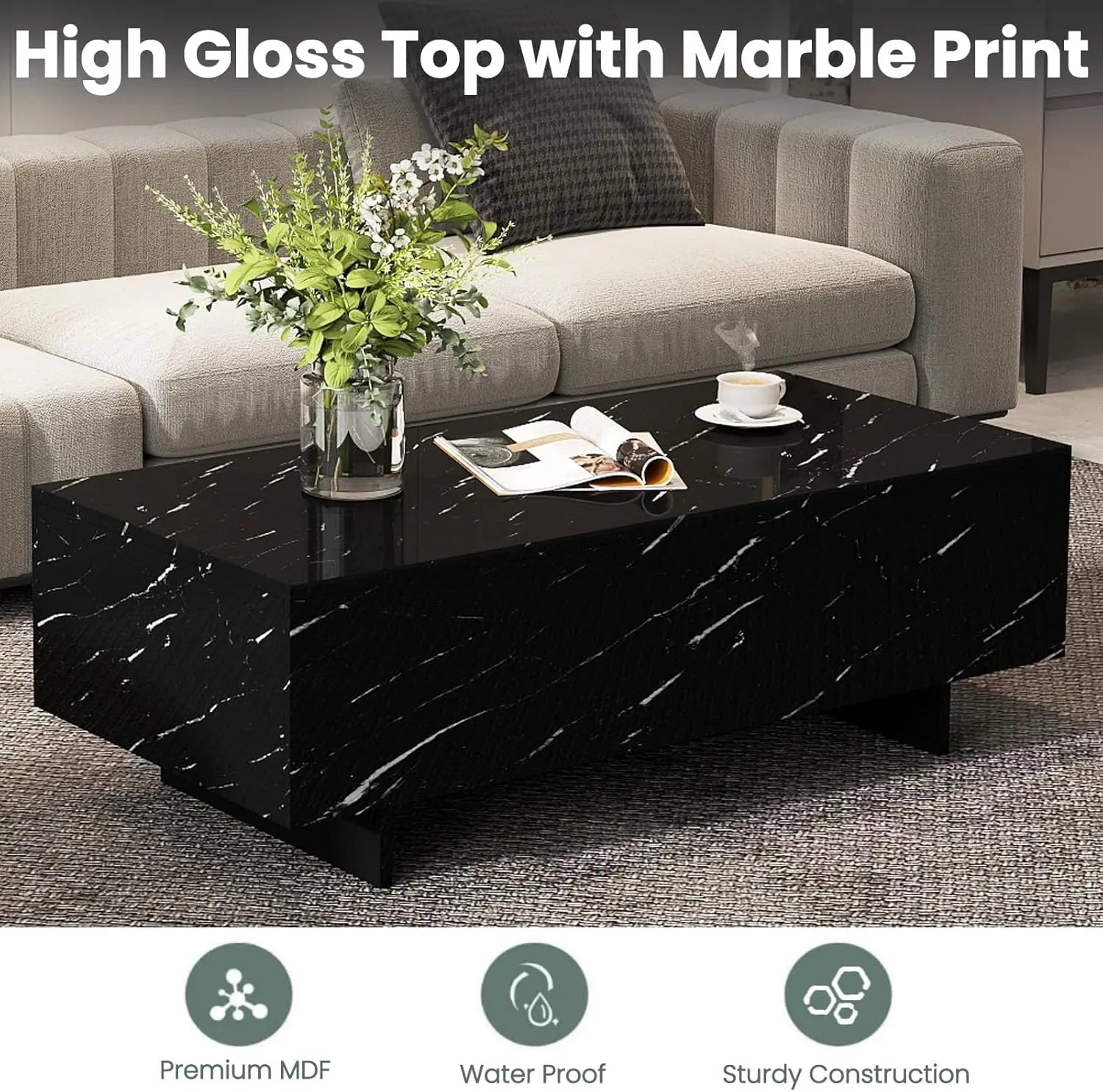 Modern Marble Coffee Table – 41.3” Rectangular High-Gloss Center Table for Living Room