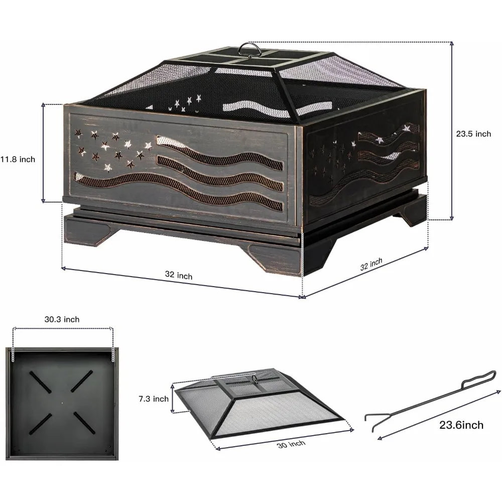 32Inch Square-Shaped Fire Pit,Outdoor Fire Pits with Spark Screen&Poker,Metal Square Wood Burning Firepits for Outside,Backyard,