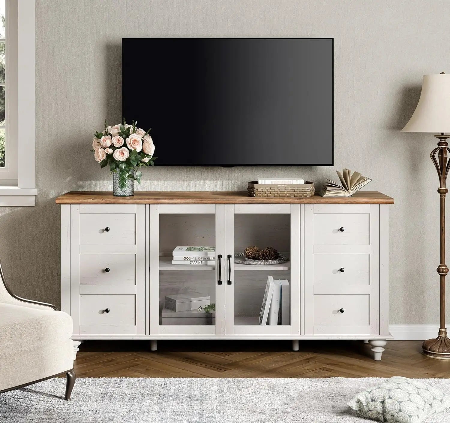 Farmhouse TV Stand for TVs Up to 65 inch, Wood TV Console Table with Storage Cabinets & Glass Door,