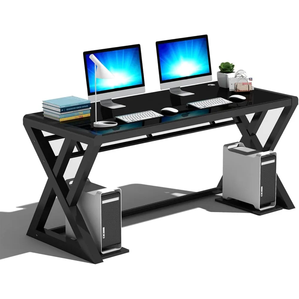 Computer desk, home office desk, 55.1 inch modern minimalist office black glass desk, study room