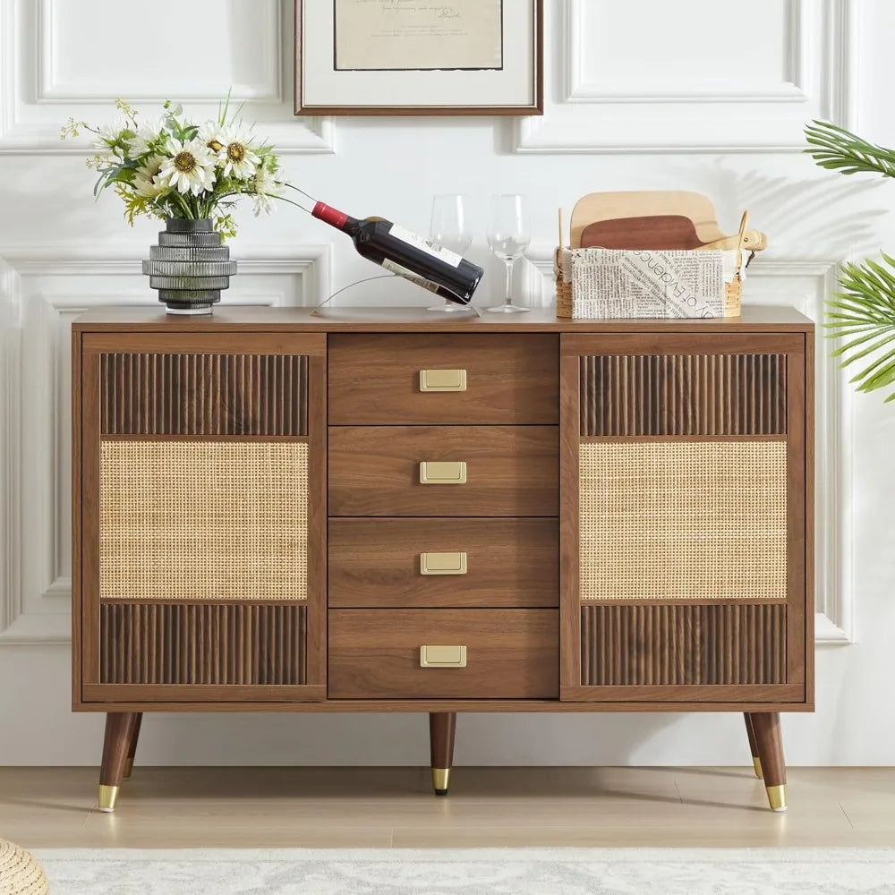 Sideboard Buffet Cabinet with Storage, 47" Rattan Kitchen Storage Cabinet with 2 Slide Doors and 4 Drawers, Accent Cabinets with