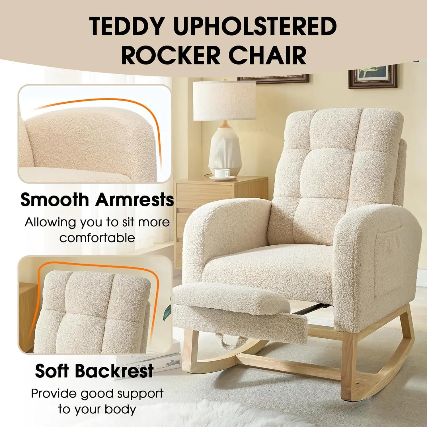 Modern Teddy Rocking Chair with Footrest & Side Pocket, Apricot Nursery Rocker for Living Room, Bedroom, Nursing Room