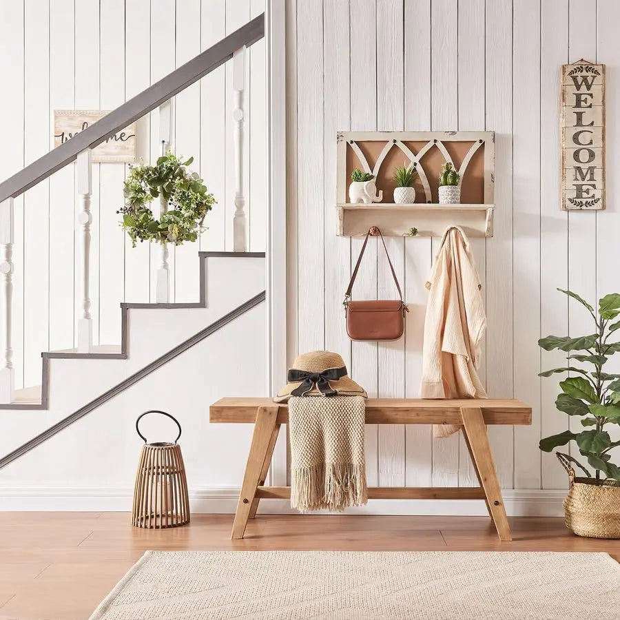 Solid Wood Entryway Bench – 43.4″ Rustic Dining Bench with Angled Legs