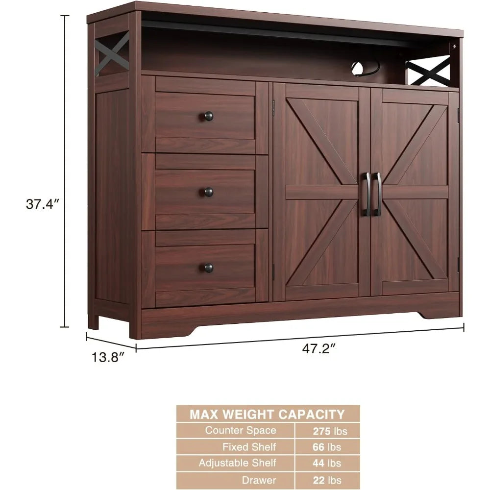 47" Farmhouse Storage Cabinet with Barn Doors and Drawers, Sideboard Buffet Cabinet with Storage