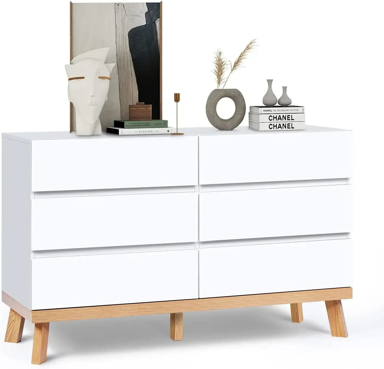 White Dresser for Bedroom 6 Drawer Double Dresser Chest of Drawers Large Storage Cabinet Wooden Dresser for Bedroom (White)