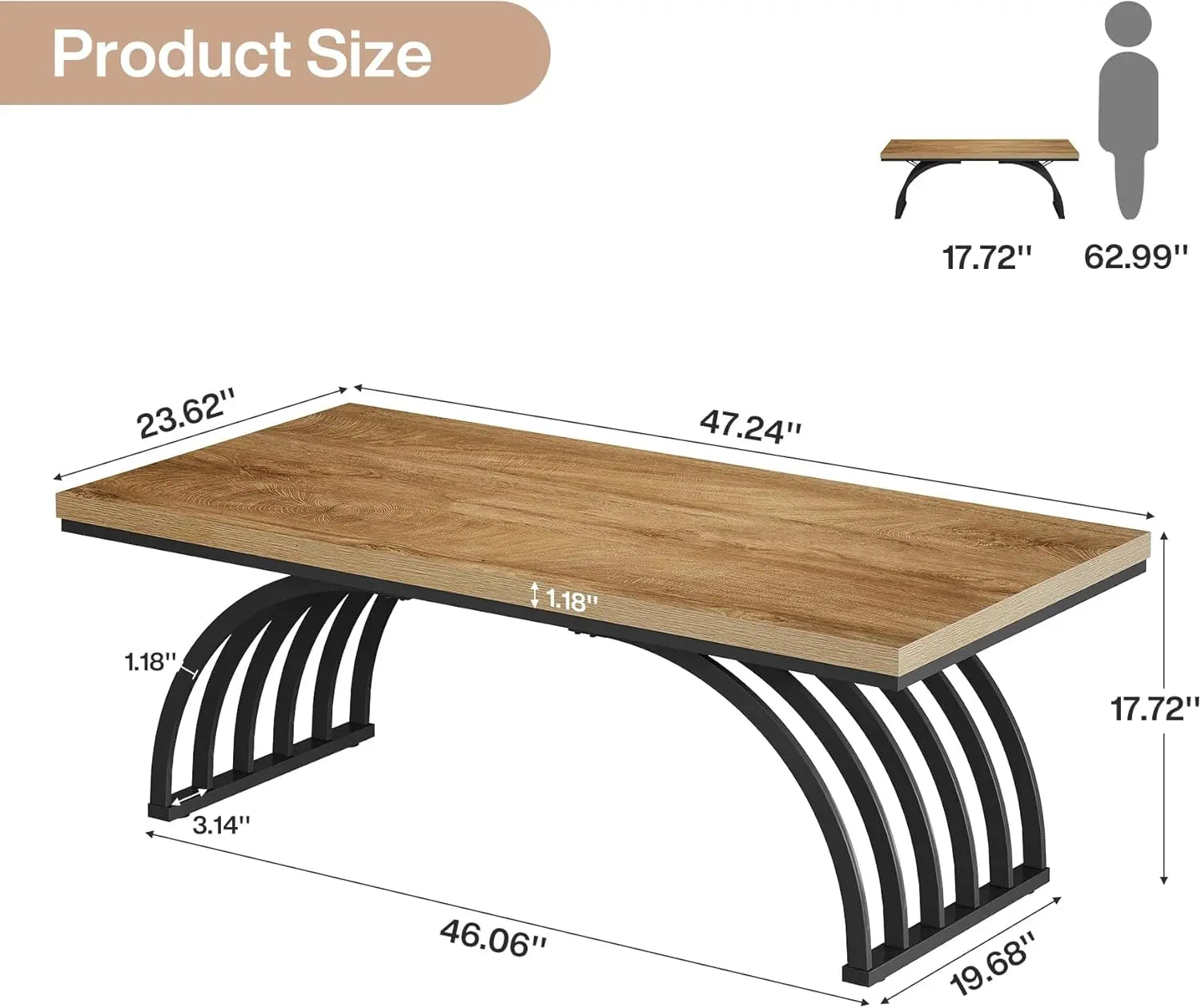47” Rustic Wood Coffee Table – Rectangular Center Tea Table with Metal Frame Legs