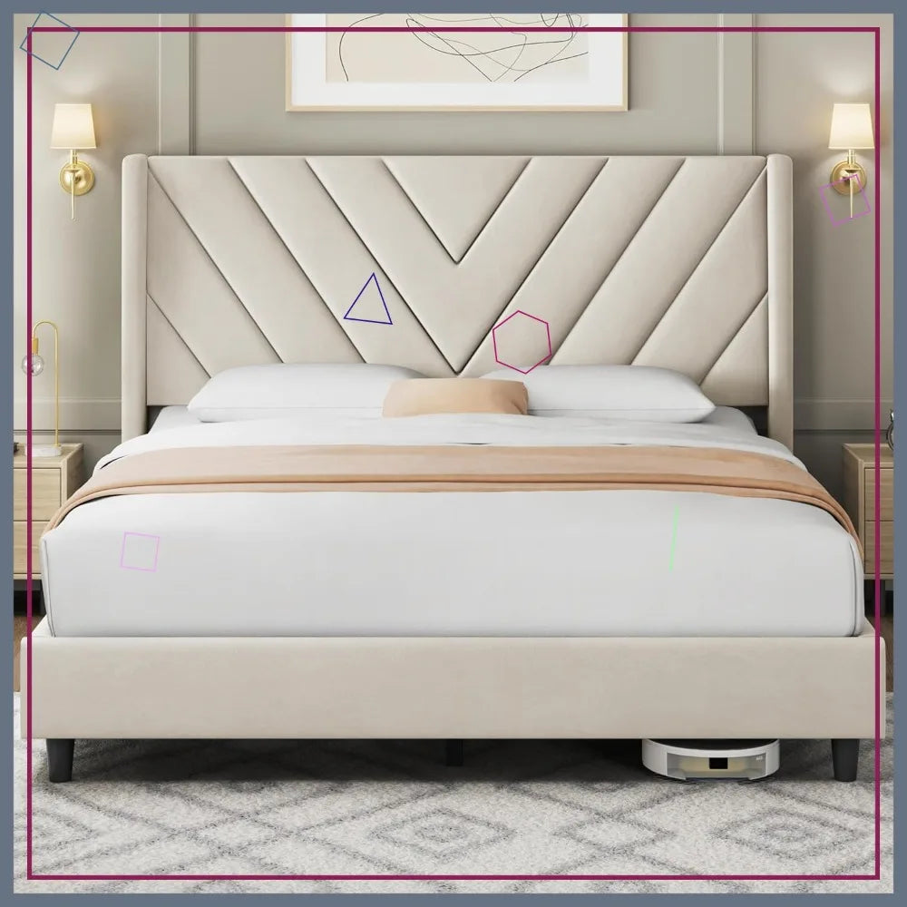 Upholstered Queen Bed Frame – Tufted Headboard with Wooden Slat Support (Beige Velvet)