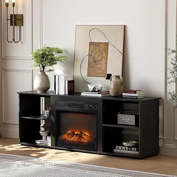 Fireplace TV Stand for up to 70 inch TVs, Modern Entertainment Center with Electric Fireplace Heater & Two Open Adjustabl