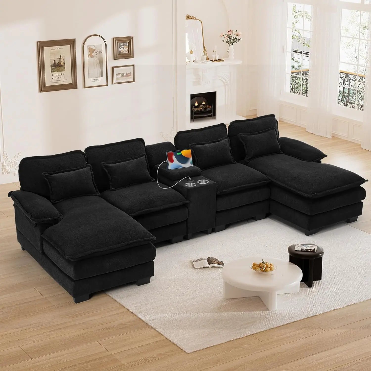 U Shape Black Cloud Sectional Couch Sofa,124" Comfy Modular Sectional Couches, Chenille Plush Cloud Sofa for Living Room