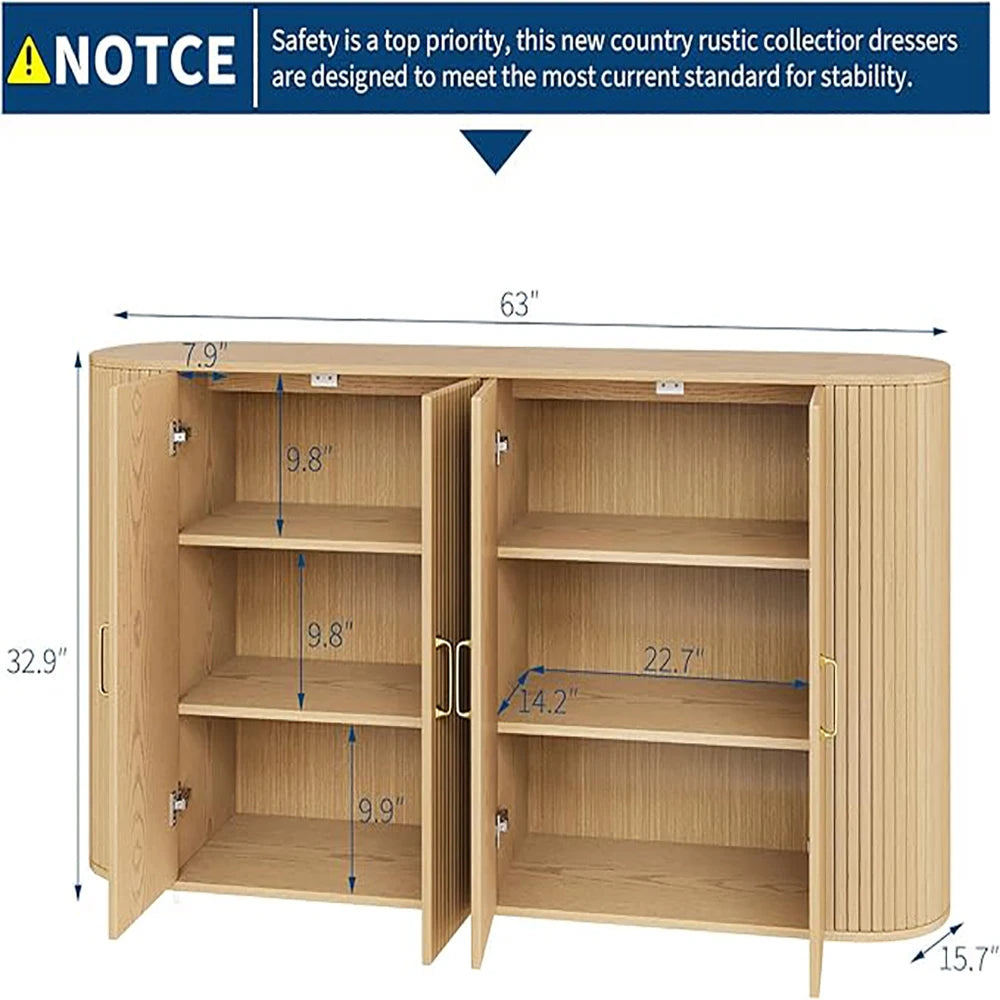 63" Sideboard Buffet Cabinet with Storage, Modern Fluted Accent Credenza with Adjustable Shelves, Wood Coffee Bar with Curved