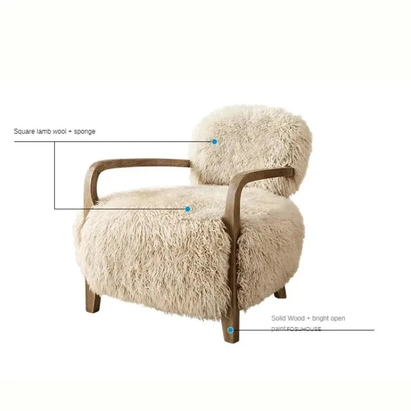 Modern Fabric Accent Chair – French Light Luxury Wood-Back Lounge Armchair