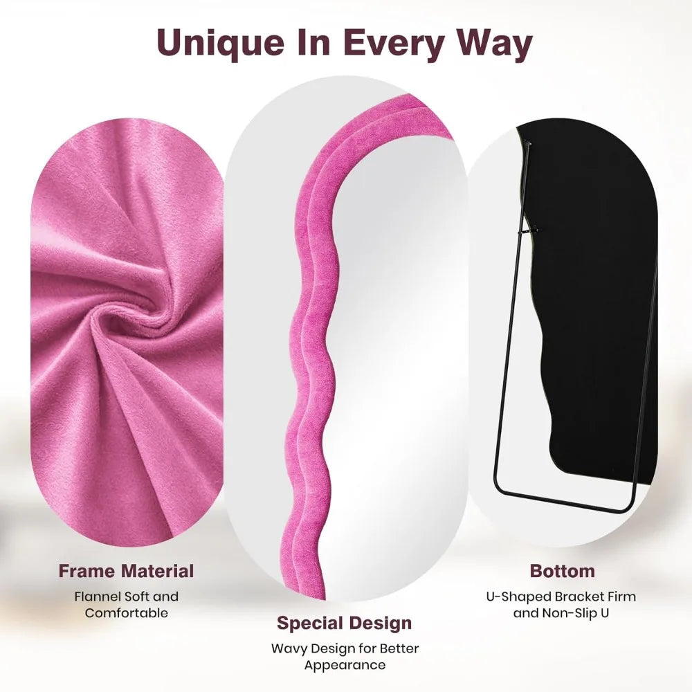 Arched Wavy Full Body Wall Mirror 63x24 Inches - Hot Pink Flannel Frame, Leaning or Hanging Wall Mount Option