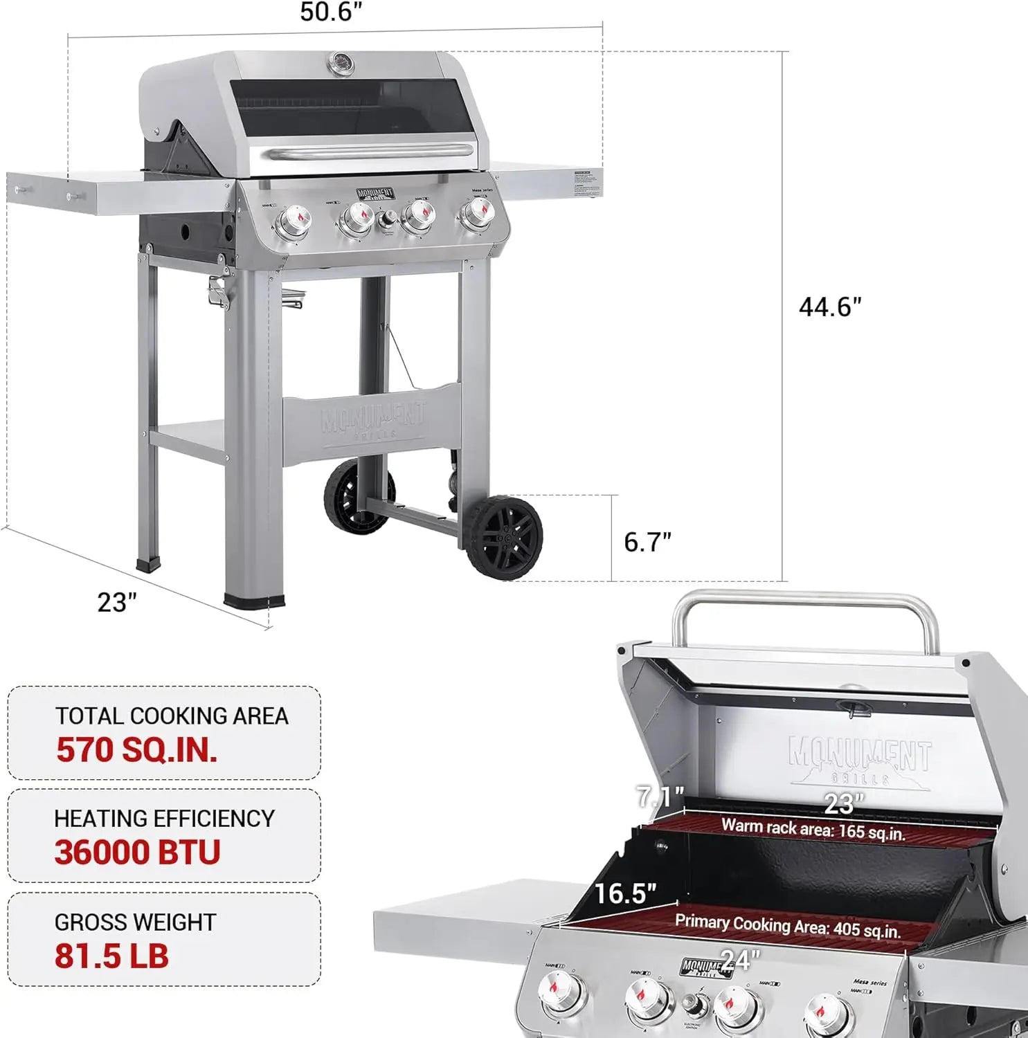 4-Burner Liquid Propane Gas Grill, Silver Stainless Steel Grill Outdoor Patio Garden Barbecue Grill with  Lid and One Foldable S