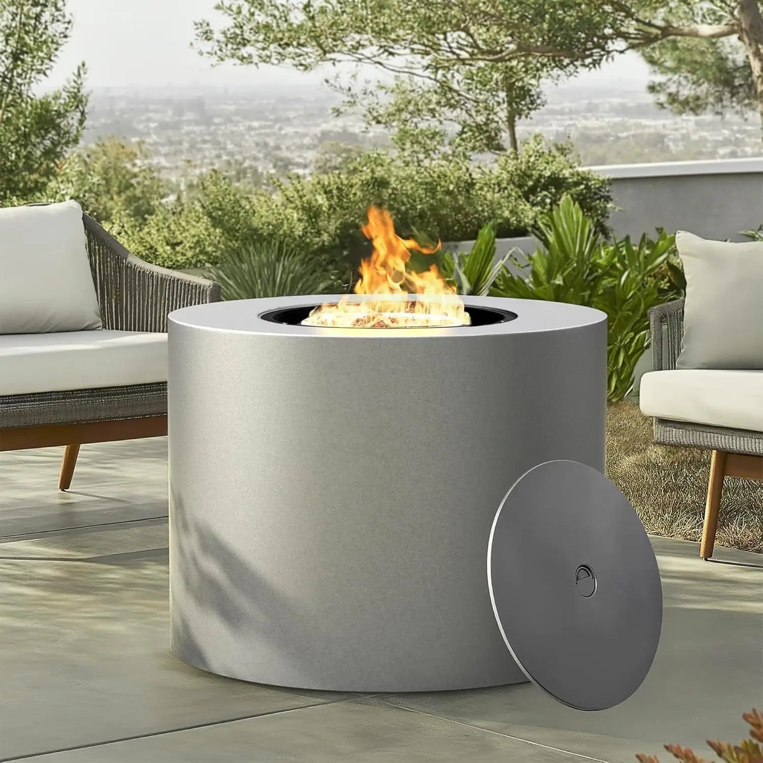 32" Smokeless Propane Fire Pit Table w/Lid, All in One Outdoor Fire Table, Alloy Steel Round Patio Firepit Table 50,000 BTUs