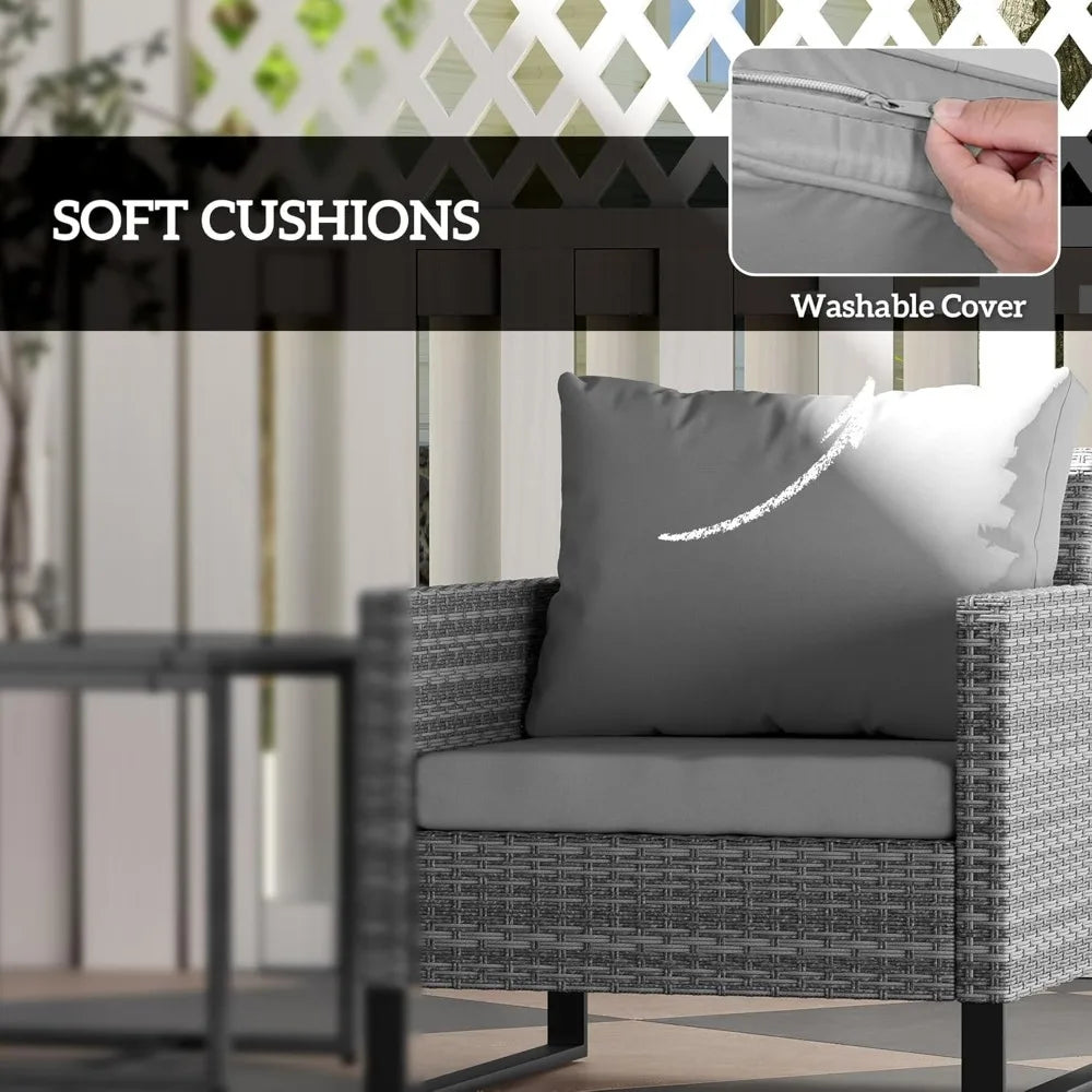 3 Pieces Patio Furniture Set, Wicker Conversation Bistro Set with 4 Soft Cushions, Rattan Chairs and Glass Coffee Table