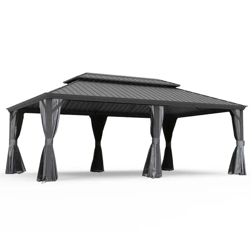 14x22 Hardtop Gazebo, Upgraded Metal Canopy with Drainage System, Dual-Layer Galvanized Steel Roof, Includes Curtains &