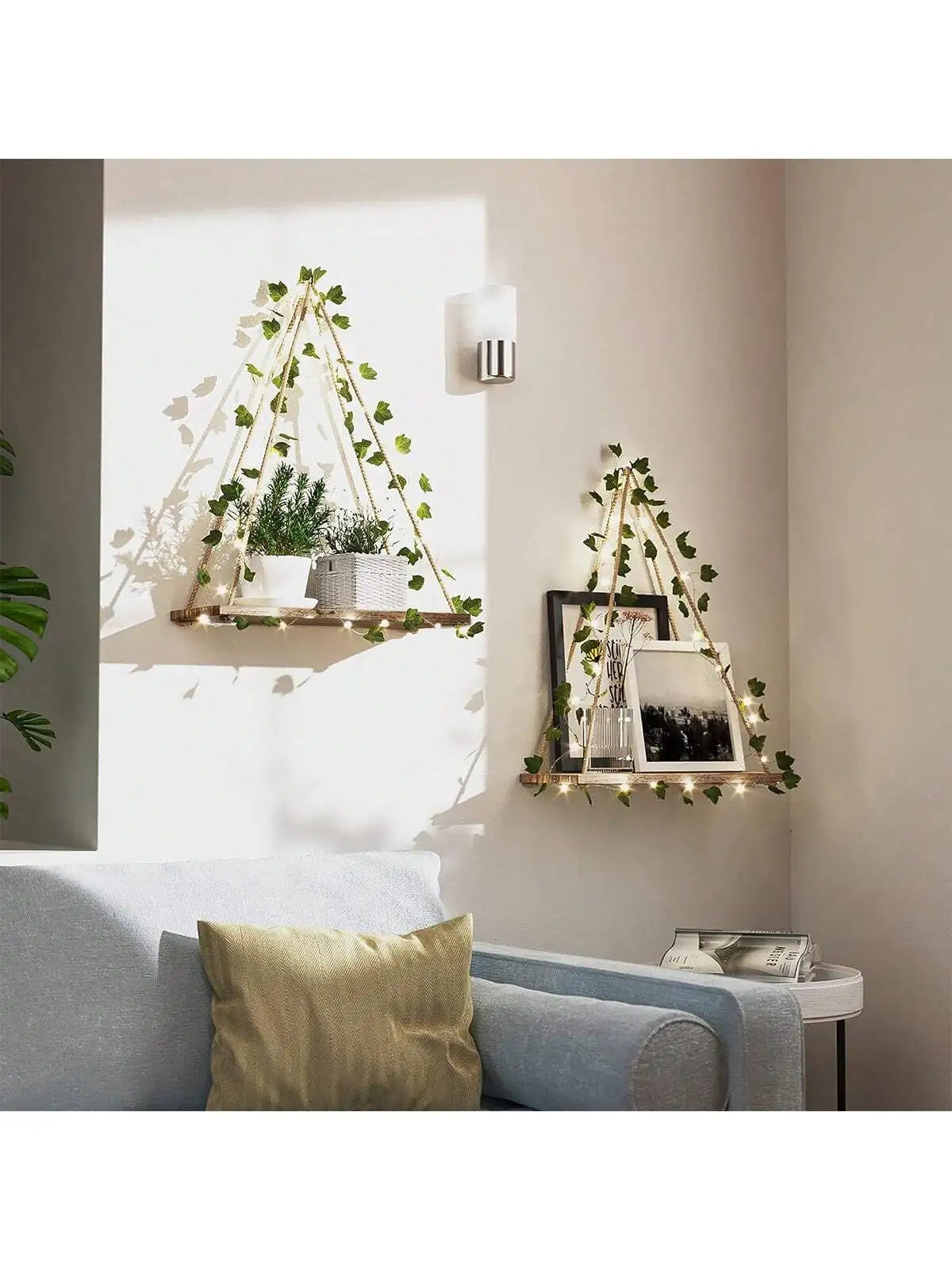 Floating Wall Shelf with Artificial Ivy LED Strip – Boho Style