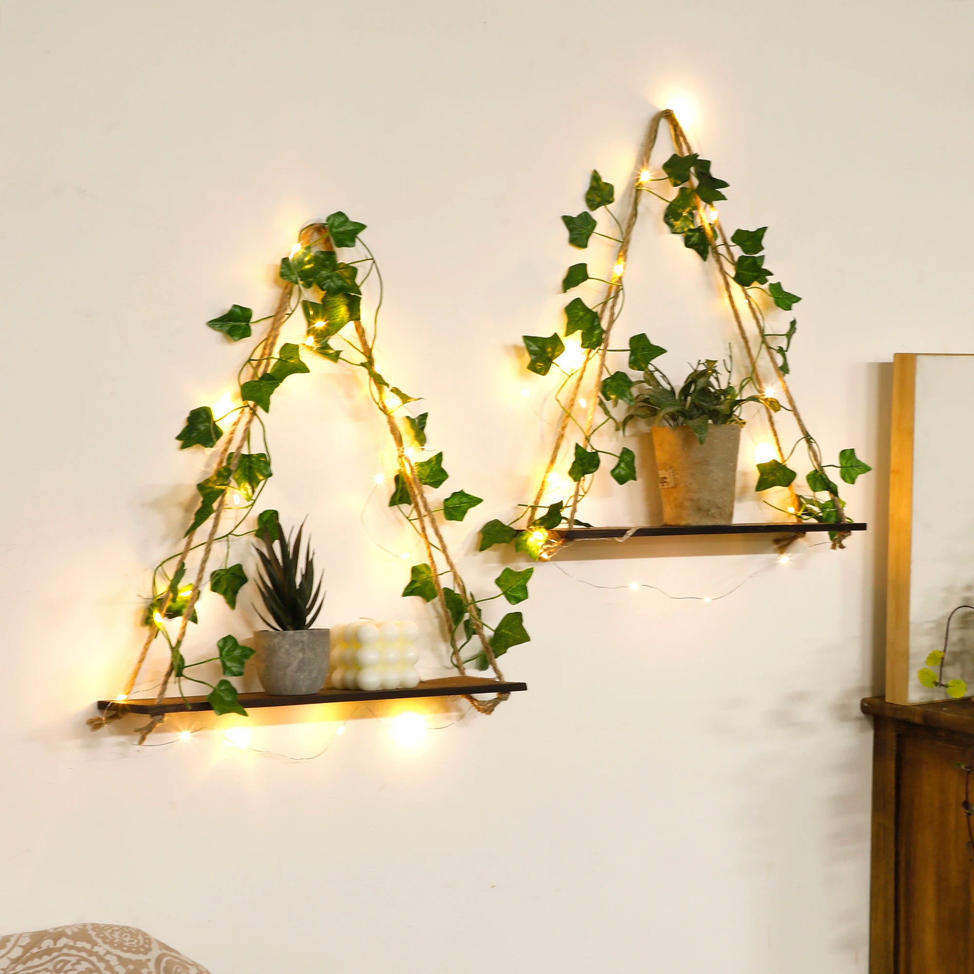 Floating Wall Shelf with Artificial Ivy LED Strip – Boho Style