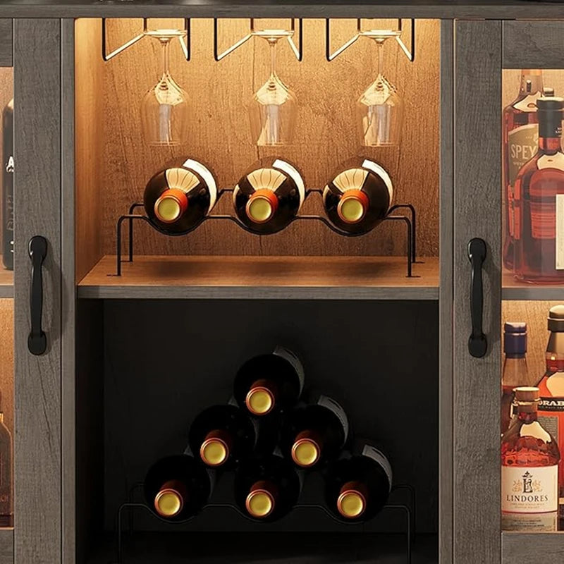 Wine Bar Cabinet with LED Light – Tempered Glass Doors & Power Outlet