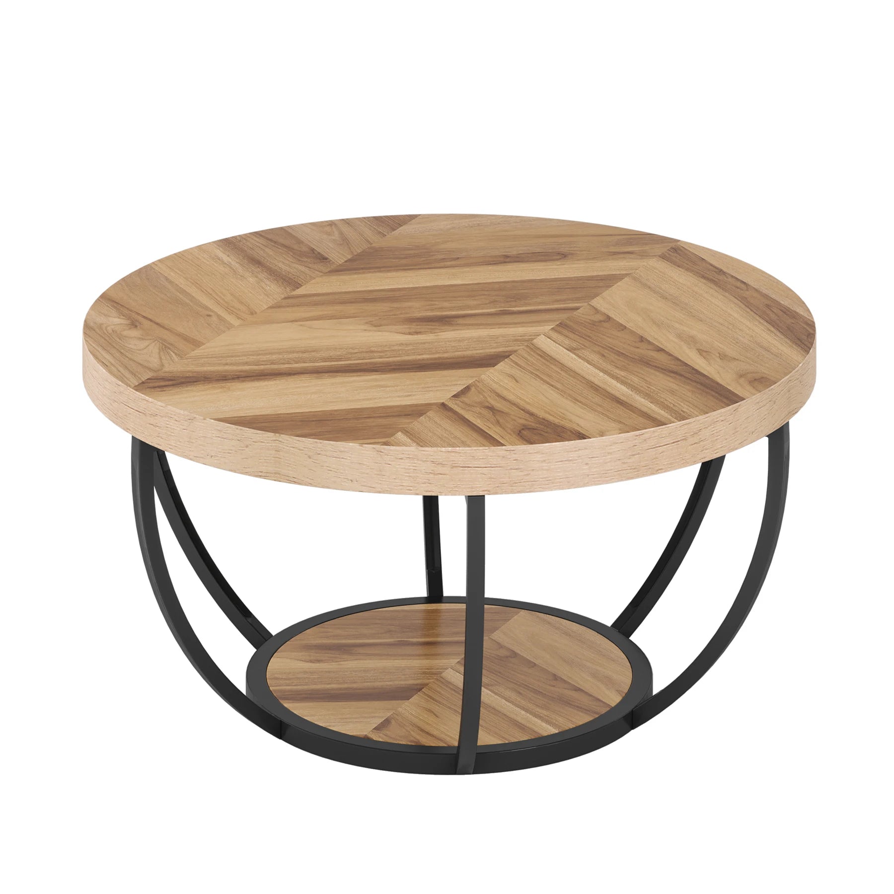 31.7” Round Industrial Coffee Table – 2-Tier Circle Table with Storage Shelves