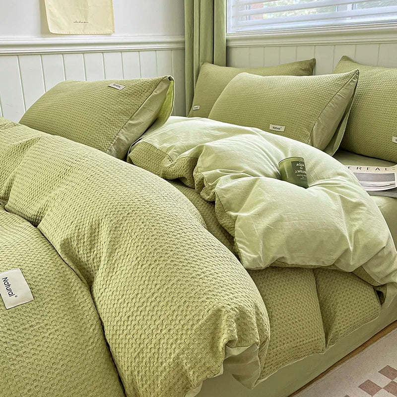 Simple Waffle Jacquard 100% Cotton Bedding Set Soft Comfortable Queen Duvet Cover Set with Sheets Quilt Cover and Pillowcases