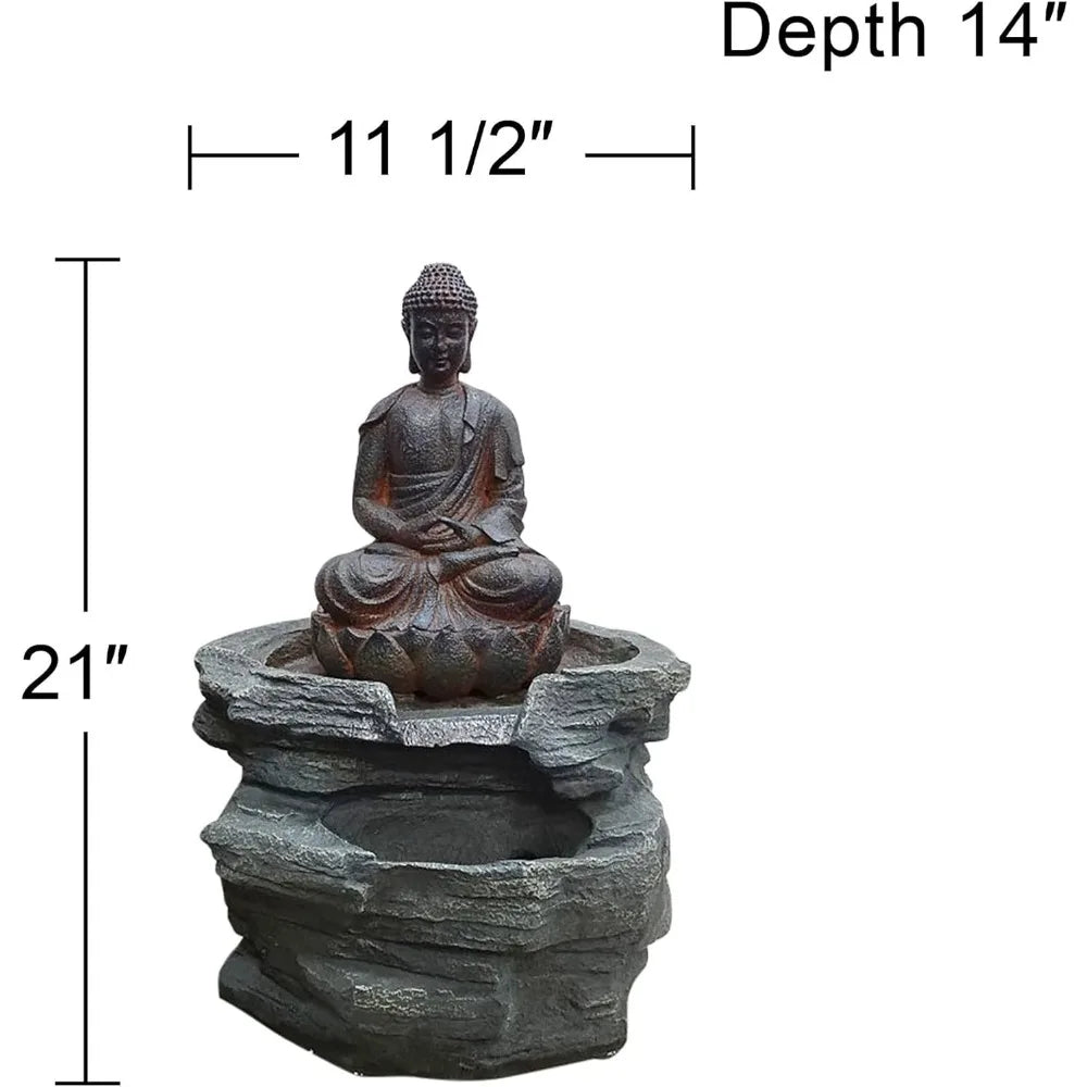 Large 21-Inch Zen Asian Style Indoor Outdoor Buddha Statue with Faux Stone Floor Fountain, LED Lighted Waterfall Feature