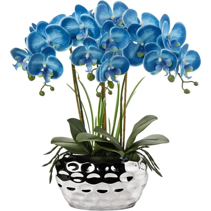 Artificial Blue Phalaenopsis Orchid Flowers 18 Large Fake Orchid with Silver Ceramic Pot for Home Office Bathroom Living Room T