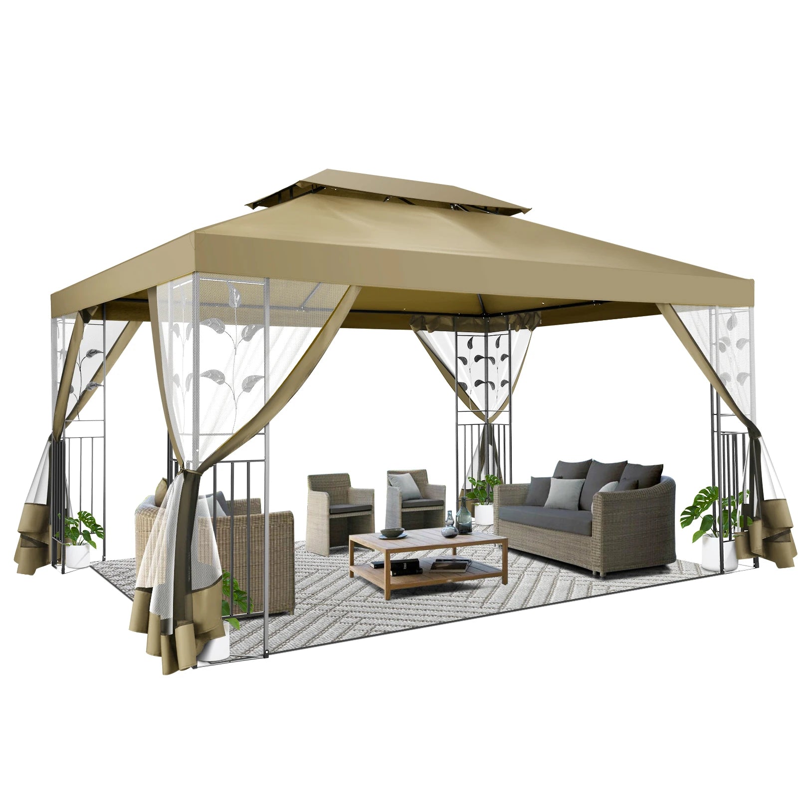 10x13 Outdoor Gazebo on Clearance with Mosquito Netting and Ventilated Double Flat Roof,All Weather for Patio,Backyard,Garden