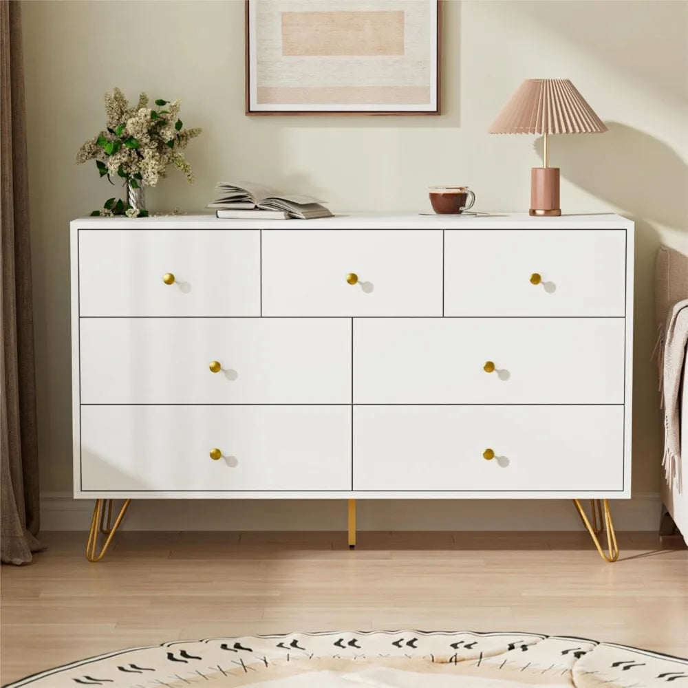 White Dresser for Bedroom, Modern 7 Drawer Dresser with Gold Handles and Metal Legs, White and Gold Dressers & Chest of Drawers
