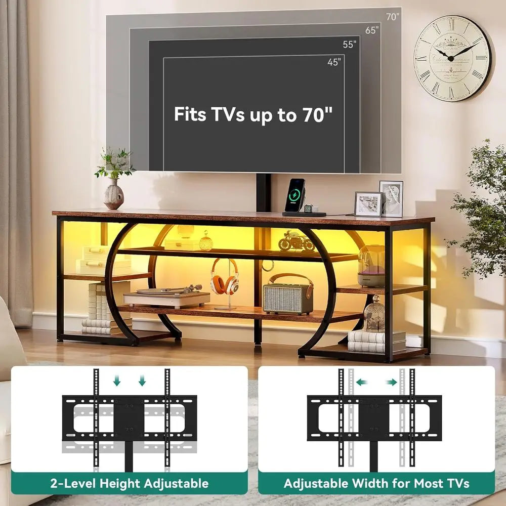 65-70 Inch TV Stand with Mount, Living Room LED TV Stands with Power Outlets, Entertainment Center, Wood TV Console Table, Rusti