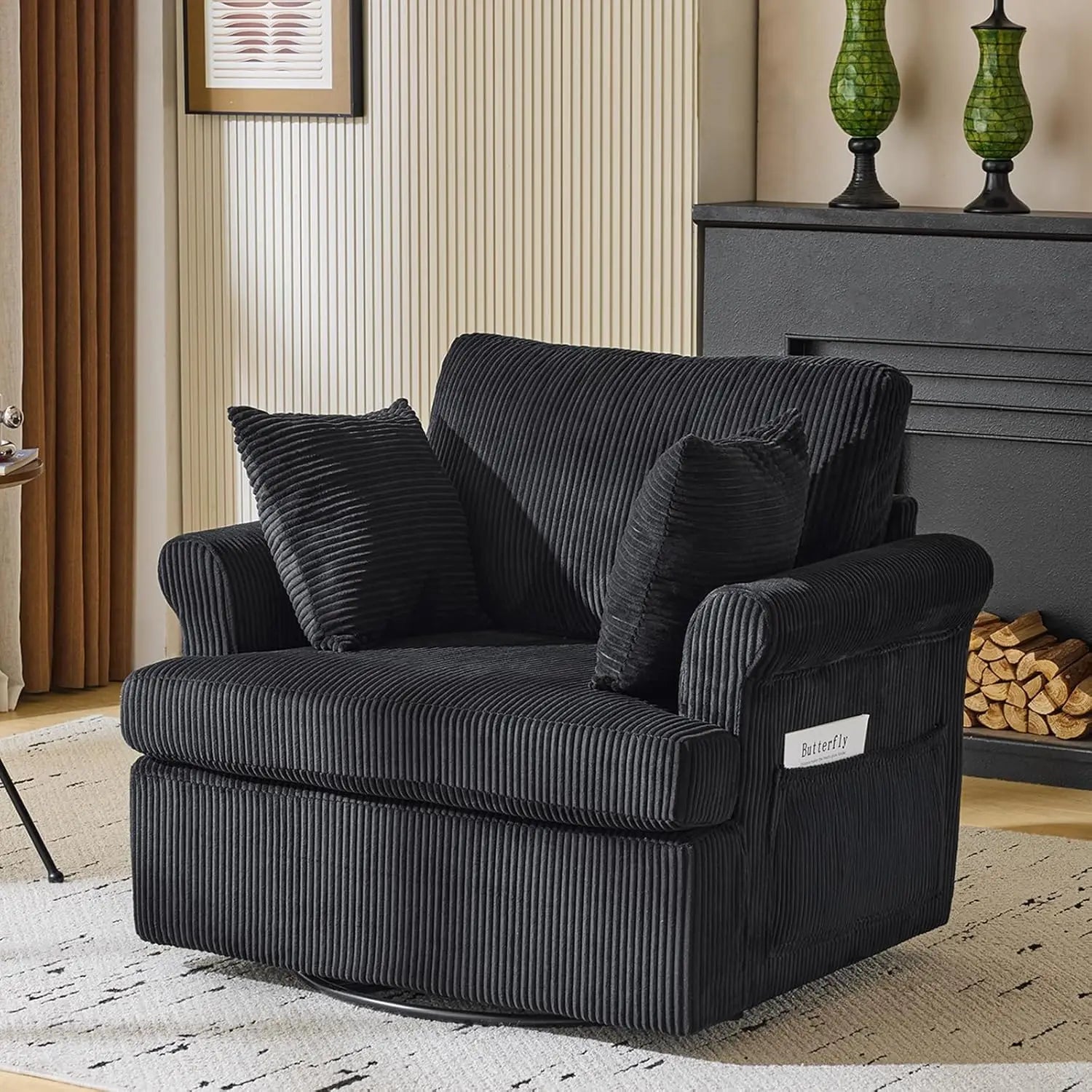 Swivel Accent Chair – 39″ Oversized Corduroy Barrel Armchair with Pillows