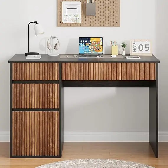 48 Inch Compact Desk with Drawers and Storage Cabinet, Modern Office Desk with Hidden Handles