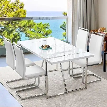 Modern White Dining Table Set for 4 – Rectangular MDF Kitchen Table with Leather Dining Chairs, 5-Piece Set