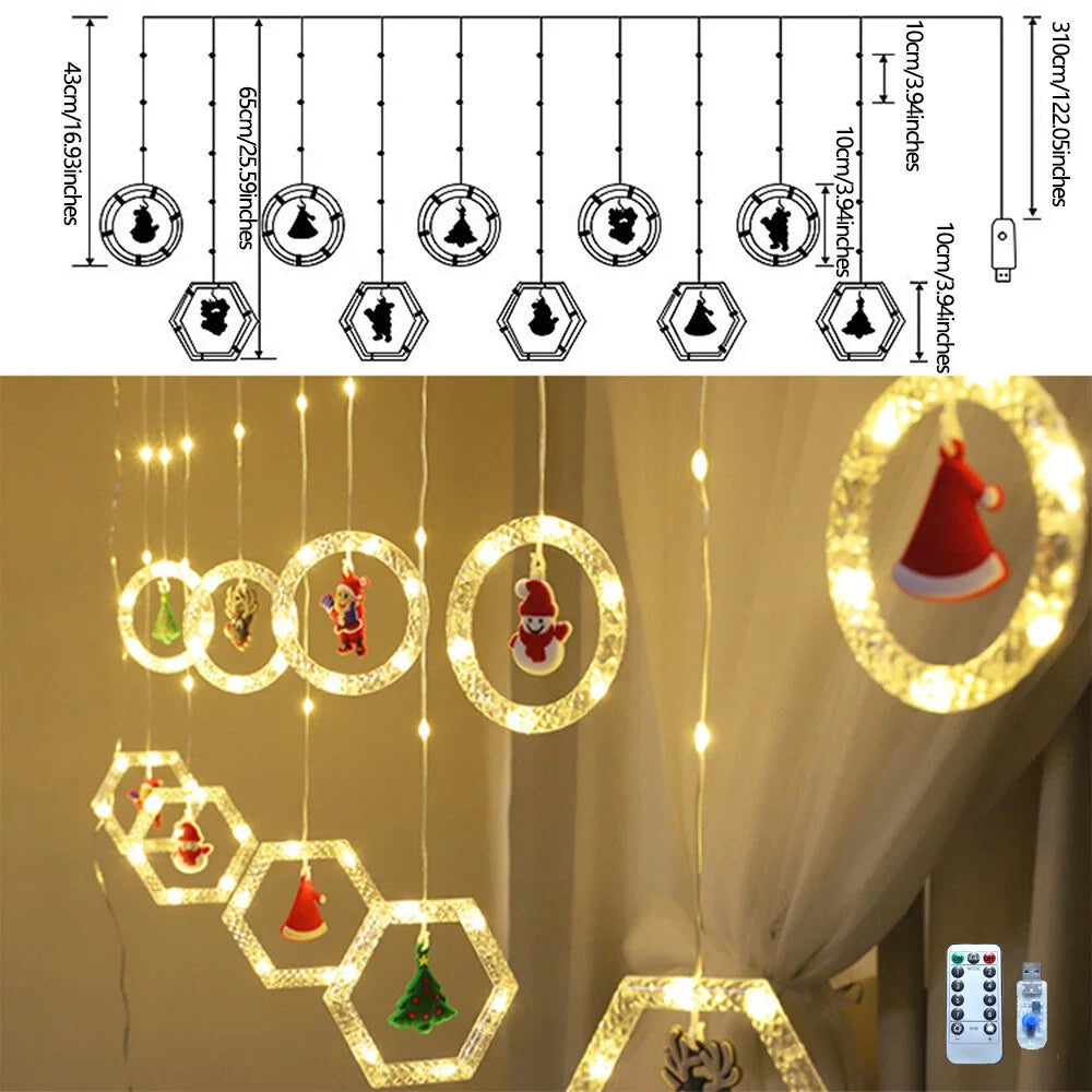 1pc Christmas Window Lights, LED Christmas Window Curtain Lighted with 8 Modes Battery-powered and Remote Control